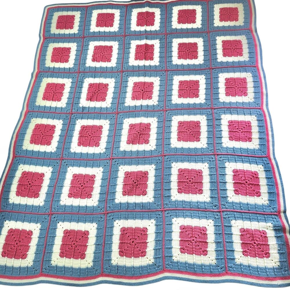 Afghan Crotched Handmade Blue Pink White Size 74.75"L x 63"W Full or Double